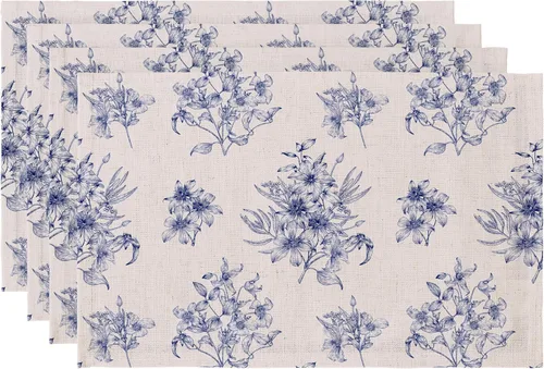 LilyCat Manteles de tela de lino con estampado floral azul, manteles impermeables y duraderos de estilo bohemio para mesa de comedor, juego de 4