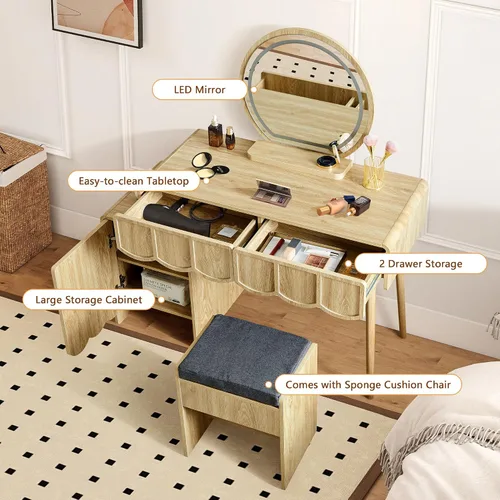 Miniatura 5 de ORRD Escritorio de tocador con espejo y luces, juego de escritorio de tocador moderno de panel de madera ondulada, mesa de maquillaje con cajones