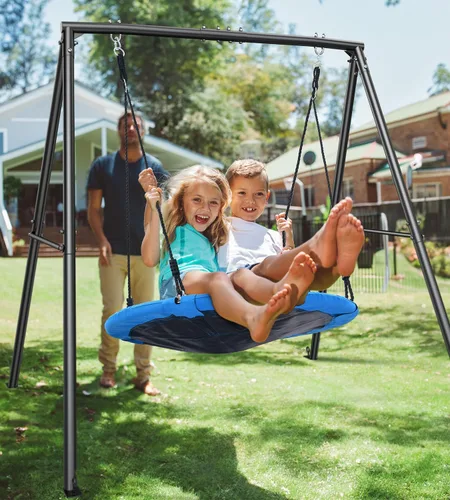 Miniatura 5 de Trekassy Columpio de platillo con marco para niños al aire libre, juego de columpio de 440 libras con soporte de metal resistente para patio Azul