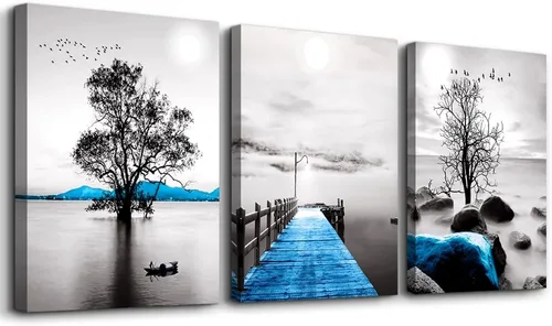 Miniatura 12 de Arte en lienzo enmarcado en negro para decoración de sala de estar y dormitorio - Pintura de pared de playa en blanco y negro - Imágenes de olas