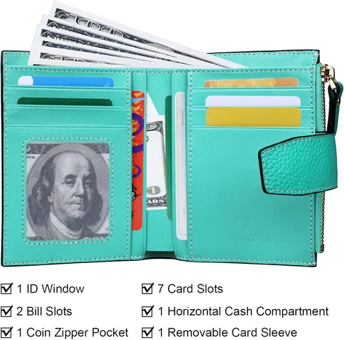 Miniatura 5 de FT FUNTOR RFID - Billetera de cuero para mujeres, tarjetero de mujer, pequeña billetera compacta de bolsillo con ventana para identificación