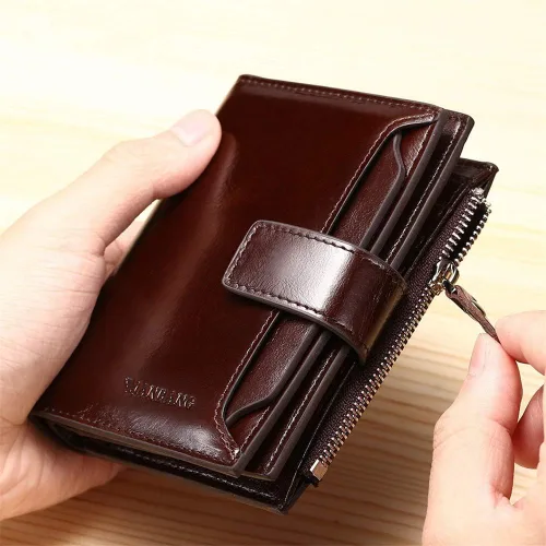 Miniatura 5 de JIUFENG - Cartera de piel auténtica para hombre con bloqueo RFID con cremallera y cremallera