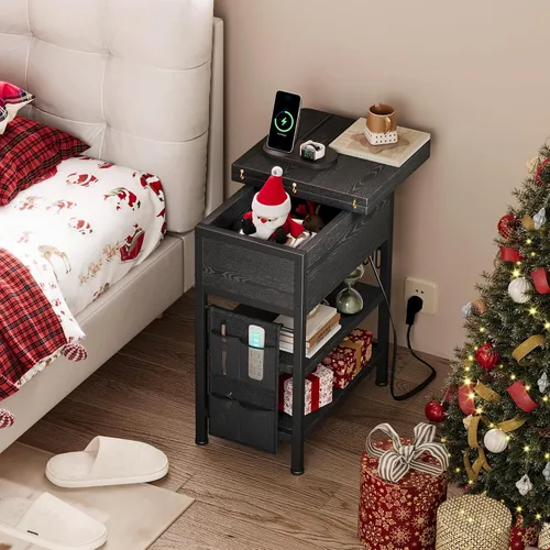 Miniatura 4 de Mesa auxiliar con estación de carga, mesita de noche abatible con puertos USB y tomas, mesa auxiliar de sofá con bolsa de tela y ganchos, mesita