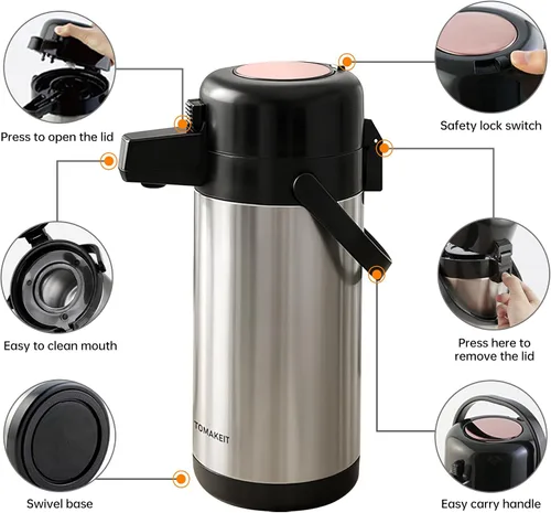 Miniatura 3 de Airpot - Jarra de café para mantener el calor, dispensador de café térmico de 102 oz/3 litros con bomba, dispensador de bebidas calientes de acero