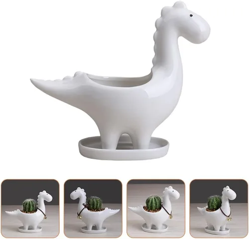 Miniatura 3 de Cabilock Maceta de cerámica de dinosaurio con bandeja de drenaje, adorable maceta para suculentas para decoración de escritorio de jardín