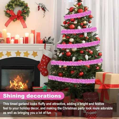 Miniatura 4 de Guirnalda de oropel de Navidad rosa macarrón de 50 pies, guirnalda de papel de aluminio metálico para colgar en la pared, telón de fondo