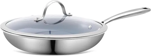 Sartén antiadherente de acero inoxidable, sartén de 10 pulgadas con revestimiento cerámico saludable y no tóxico con tapa, funciona en cocinas de