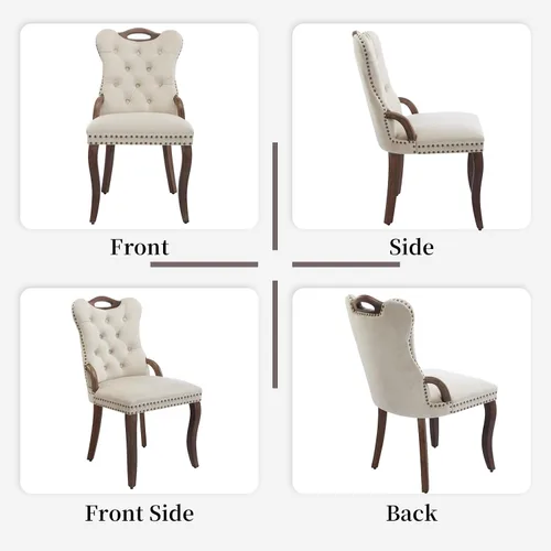 Miniatura 6 de Shenyon Juego de 4 sillas de comedor de terciopelo beige, sillas tapizadas modernas para comedor con respaldo capitoné y acentos de madera, patas