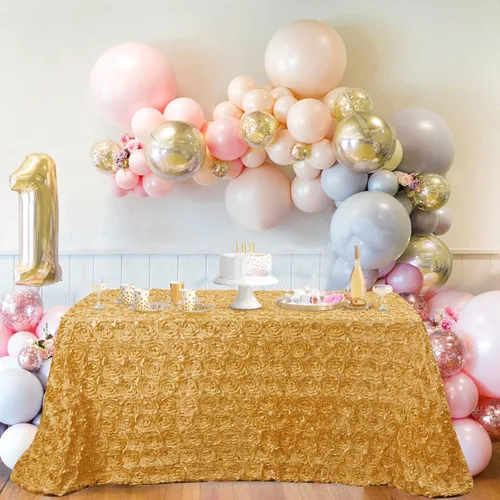 Miniatura 3 de QueenDream Mantel de roseta dorada de 90 x 132 pulgadas, mantel floral rústico para bodas, fiestas de cumpleaños, eventos y decoración