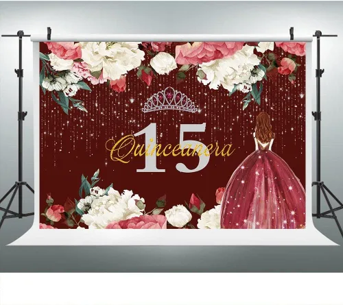 Miniatura 7 de Telón de fondo de feliz cumpleaños 15 para niña, quinceañera, 5 x 3 pies, corona de flores rojas burdeos, corona, princesa, decoración de fiesta