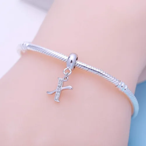 Miniatura 103 de ABUN Abalorio de plata de ley 925 con letra A a la Z, espaciador de inicial, con circonita cúbica transparete colgante, auténtica, para pulseras