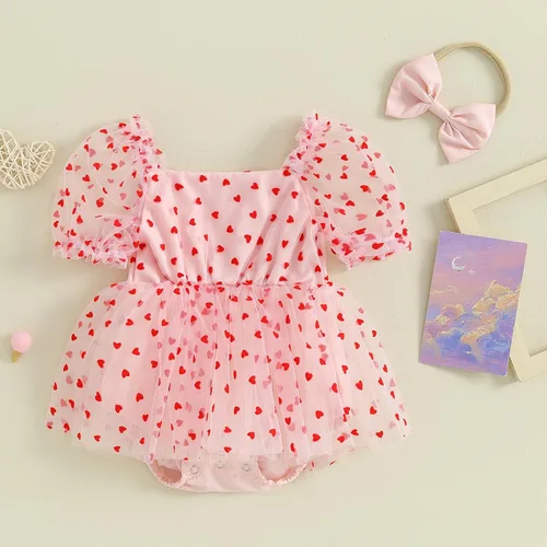 Miniatura 2 de Lesimsam Mameluco para bebé recién nacida, para el día de San Valentín, con estampado de corazón, de malla, manga abombada, traje de tul con diadema