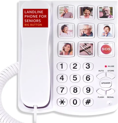 Uvital Teléfono de botón grande para personas mayores, teléfono fijo con cable con 9 botones grandes de marcación de un solo toque, llamadas con