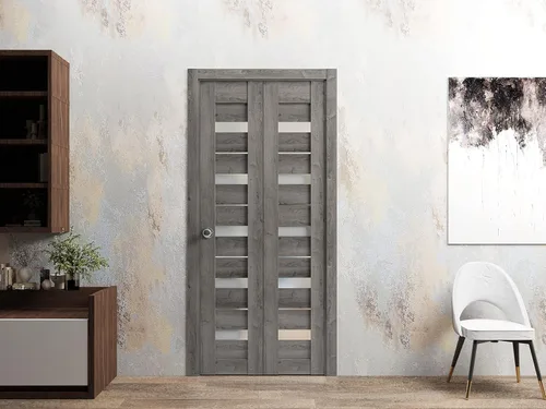 Miniatura 2 de Armario corredizo de puertas plegables de 64 x 80 pulgadas Quadro 4445 gris Nebraska con vidrio esmerilado Juego de herrajes de molduras