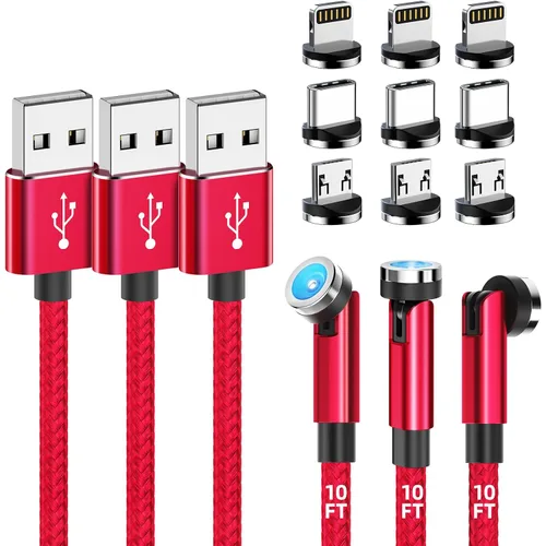 Miniatura 8 de Cable de carga magnético [paquete de 3, 10 pies/10 pies/10 pies] Cargador magnético giratorio de 540° para teléfono, cable USB magnético 3 en 1