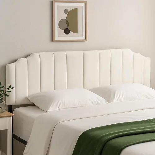 Miniatura 13 de Cabecera tapizada de altura ajustable, cabecera de terciopelo crema, diseño moderno de canal vertical con borde superior de silueta escalonada Beige