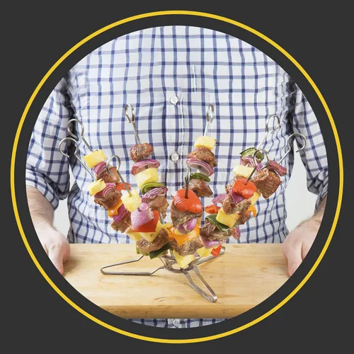 Miniatura 8 de O-Yaki - Sistema de brochetas verticales de metal para barbacoa, juego de 9 pinchos planos para asar brochetas con soporte para brochetas, libro