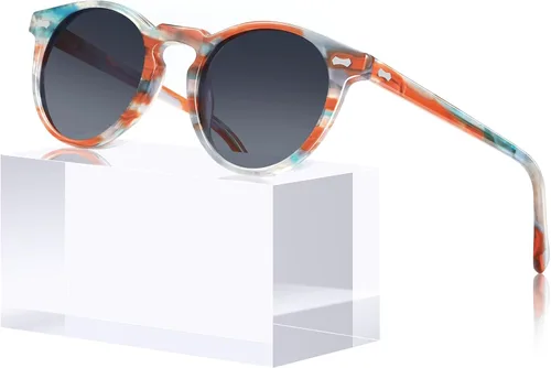 Miniatura 64 de CARFIA Gafas de sol polarizadas de acetato redondo para mujer, protección UV de cara pequeña con funda de cuero CA5288