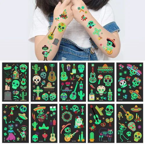 Miniatura 4 de 10 piezas de 100 tipos de tatuajes temporales luminosos de dibujos animados para niños, esqueletos de azúcar, esqueletos, piedras preciosas, flores