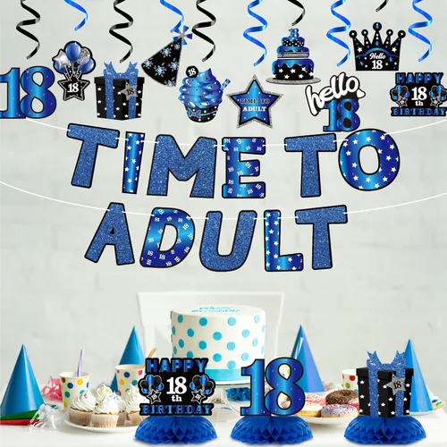 Miniatura 4 de WATINC Decoración de feliz cumpleaños 18 – 26 piezas de decoración de fiesta de cumpleaños de 18 años para niños, niñas y él, cartel azul y negro