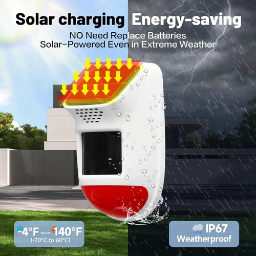 Miniatura 5 de Alarma Solar con Sensor de Movimiento - Sirena de Seguridad Impermeable IP65 de 120dB con Control Remoto y Luz Estroboscópica, 3 Modos