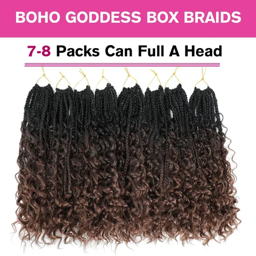 Miniatura 3 de Wodun Extensiones de Cabello de Ganchillo Goddess Box Braids de 12 pulgadas, Trenzas Box de Ganchillo con Extremos Rizados 3X Trenzas Box de 1B/4/30