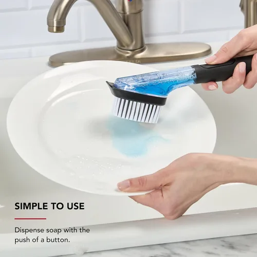 Miniatura 5 de KitchenAid Cepillo dispensador de jabón para fregadero con mango fácil de llenar, cerdas de nailon para una limpieza resistente, mango de agarre