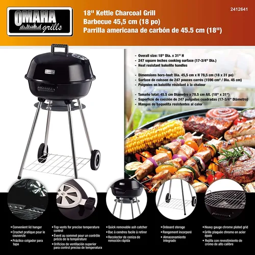 Omaha - Parrilla para barbacoa de carbón – 18 x 31 x 23 pulgadas – Superficie de cocción de 247 pies cuadrados – Cocina 9+ hamburguesas – Gancho de