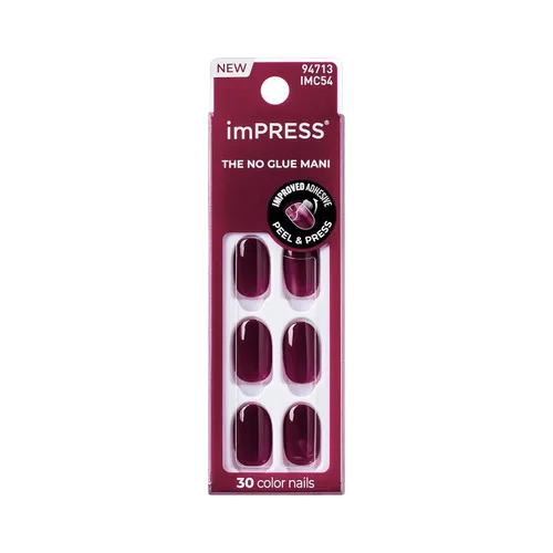 Kiss Impress - Kit de uñas a presión sin pegamento, Over You, 30 uñas rojas para despegar y pegar, squoval corto súper delgado, acabado de gel