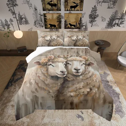 Juego de edredón estampado de ovejas, juego de ropa de cama vintage de granja para niños, niñas, mujeres, adultos, parejas, ovejas, juego de edredón