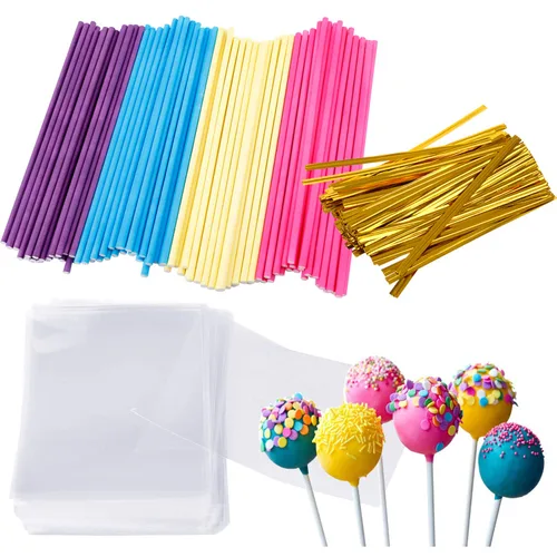 Miniatura 9 de Kit para hacer pasteles de 6 pulgadas, 100 palitos para tartas, 100 bolsas para tartas y 100 lazos multicolores, 300 paquetes de herramientas