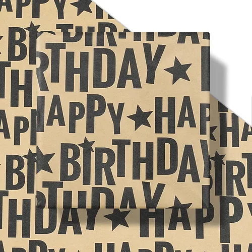 Miniatura 2 de RUSPEPA Rollo de papel de regalo de cumpleaños, mini rollo, texto de feliz cumpleaños negro en negrita con diseño de estrellas, papel de regalo