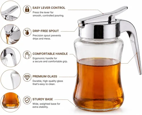 Miniatura 3 de J&M Design Botella dispensadora de jarabe de vidrio para jarabe de arce, tarro dispensador de azúcar con asa para panqueques, café, cuenco
