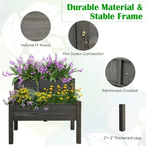 Miniatura 3 de RELAX4LIFE Cama de jardín elevada de 2 niveles, maceta elevada de madera de abeto con patas, 8 agujeros de drenaje, capacidad de 220 para cultivar