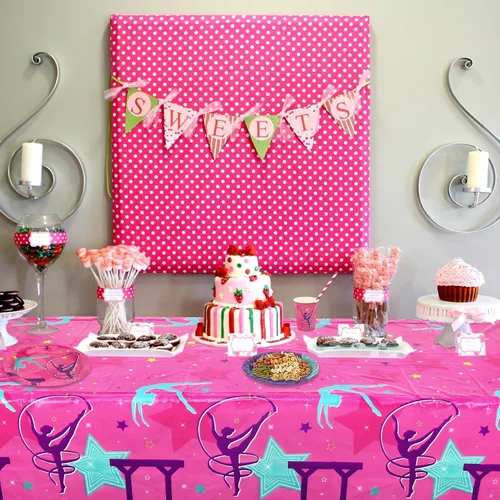 Miniatura 4 de Mantel de 3 piezas para decoración de fiesta de cumpleaños de gimnasia, suministros para fiestas temáticas de gimnasia, funda de mesa de gimnasia