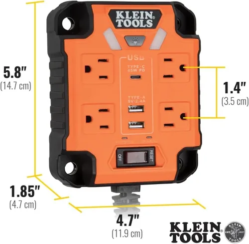 Miniatura 5 de Klein Tools 29601 Regleta magnética con protector de sobretensión, cable de extensión, 4 tomacorrientes, 3 puertos USB, cable de 5 pies, caja