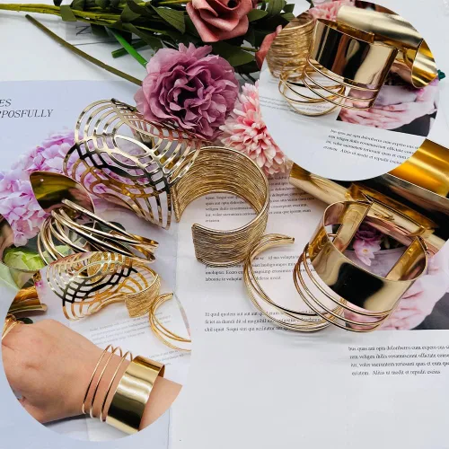 Miniatura 7 de SAMOCO 7 piezas de brazalete para mujer, brazalete de oro abierto, ancho ancho, brazalete ajustable, brazalete de muñeca, Sin gema