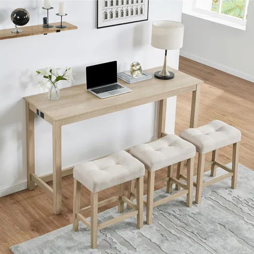 Miniatura 22 de Juego de mesa de bar industrial de 59" de 4 piezas con toma de corriente incorporada, mesa de sofá detrás del sofá con 3 taburetes tapizados