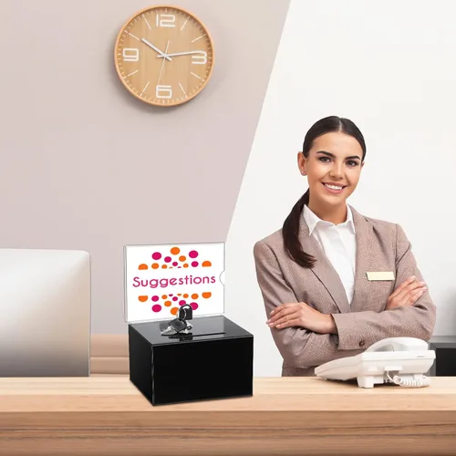 Miniatura 6 de Tuanse Caja de donación de acrílico con candado y soporte para letreros, tarro, rifa, boletos, cajas transparentes para recaudación de fondos, Negro