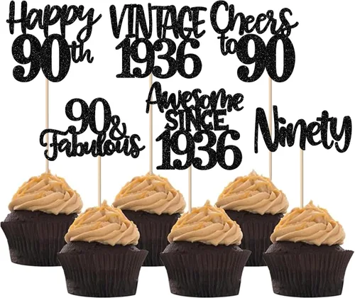 Miniatura 44 de Rsstarxi Paquete de 24 adornos para cupcakes vintage 2019 con purpurina negra para 5º cumpleaños, saludos a 5, cinco, 5, 5 fabulosos para cupcakes