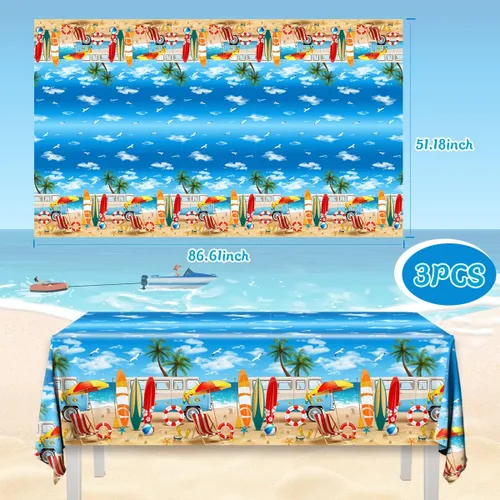 Miniatura 2 de 3 manteles de playa de verano, fundas de mesa temáticas de playa, decoración de mesa temática de cumpleaños hawaiano para verano, piscina, surf