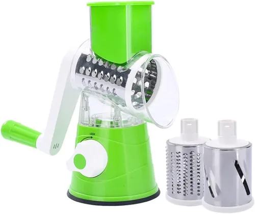 Rallador rotativo de queso, 3 cuchillas de tambor, velocidad manual, redondo, rebanador de alimentos, molinillo de nueces con base de succión fuerte