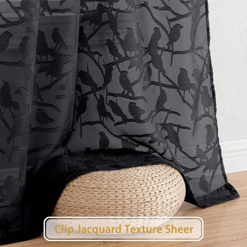 Miniatura 5 de OVZME - Cortinas traslúcidas de gasa ligeras y vaporosas, texturizadas, bolsillo barra doble, pájaros recortados, dormitorio, sala de estar, 38 Negro