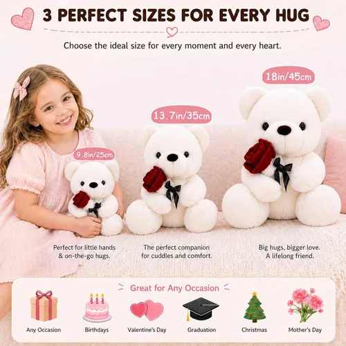 Miniatura 7 de Oso de Peluche Relleno Animal de Peluche Oso de Peluche con Rosa, Lindo Oso Dulce Gran Regalo para tu Ser Querido, Novia Niños Cumpleaños, San Blanco