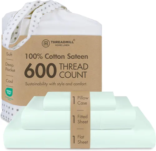 Miniatura 41 de Threadmill Sábanas de Algodón 100% para Cama Tamaño Queen - Juego de Sábanas Queen de 600 Hilos con Bolsillo Profundo de 16" - Juego de Ropa de Cama