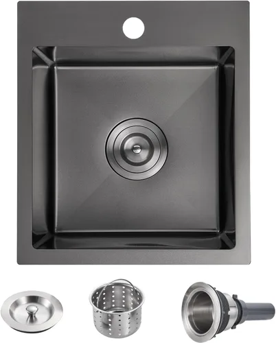 POPFLY Fregadero de Cocina, 15×17 Pulgadas Empotrable Negro Pequeño Fregaderos de Cocina, Calibre 18 Acero Inoxidable Bar Prep RV Tazón Único