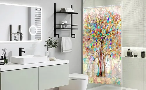 Miniatura 6 de Cortina de ducha con diseño de árbol de la vida, cortina de ducha de vidrio emplomado, cortinas de ducha artística para baño, juego de cortina