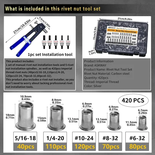 SAE Herramienta de tuerca remachadora 420 piezas de acero al carbono imperial Kit de herramientas de tuerca de remache (5/16-18, 1/4-20, 10-24,