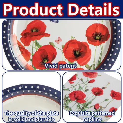 Miniatura 3 de Wehhbtye 100 platos y servilletas de flores de amapola del 4 de julio, platos de papel conmemorativos con tenedores, suministros desechables