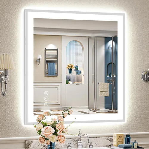 Miniatura 132 de 24x30 Espejo de baño LED con marco negro con luces, retroiluminado + iluminación frontal, espejo de tocador iluminado antivaho para pared de baño